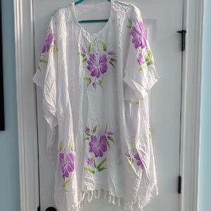 Women’s White Floral Swim Coverup Kaftan - Purple Flower Print